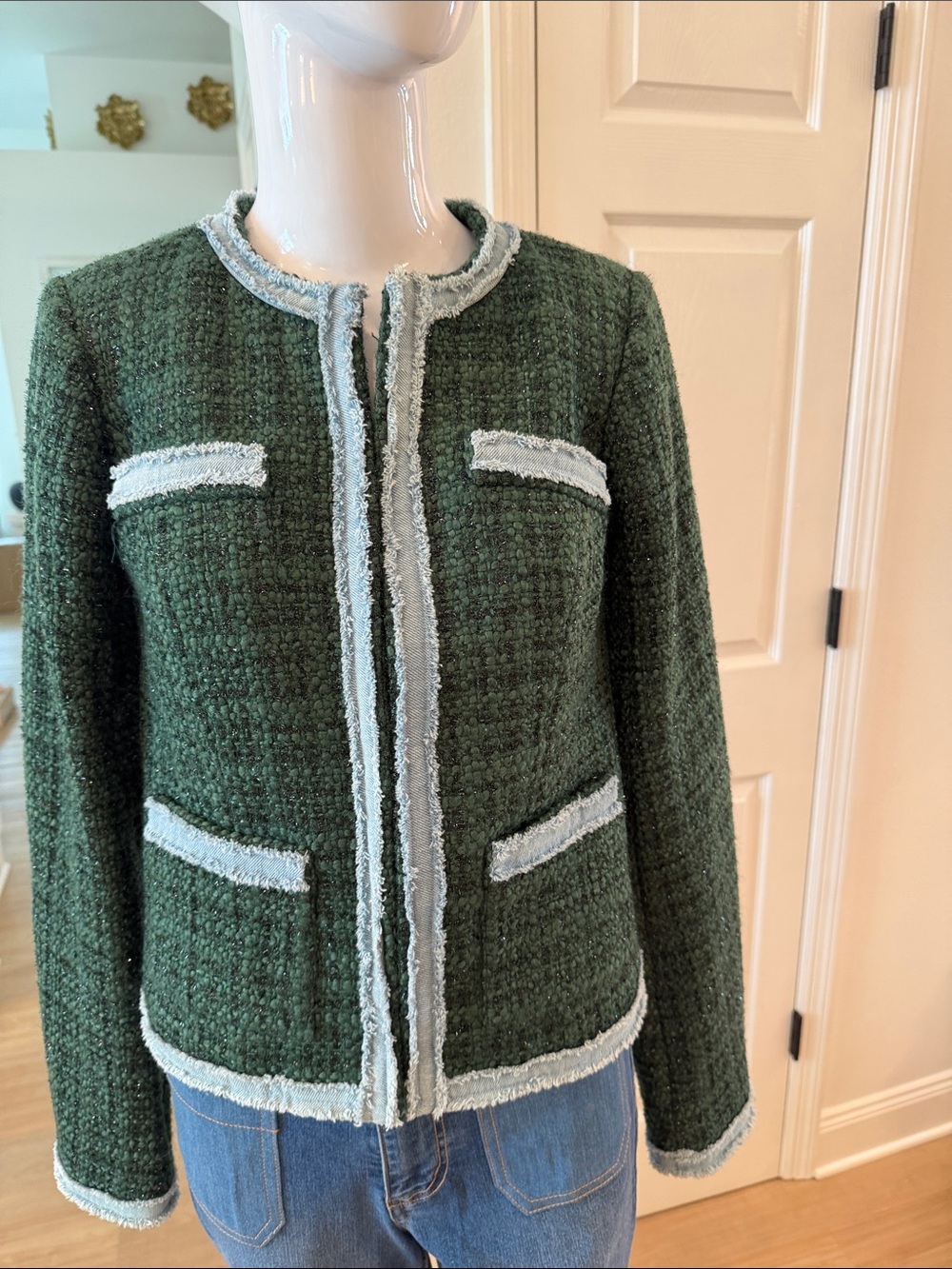 G by Giuliana Dark Green Tweed Frayed-Denim Trim Jacket